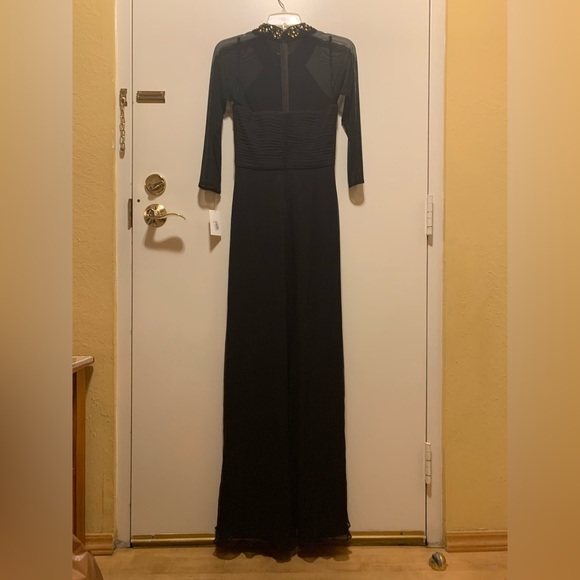 Black gown, long sleeve, stretch sheer sleeves, and rhinestone collar. - Picture 5 of 7